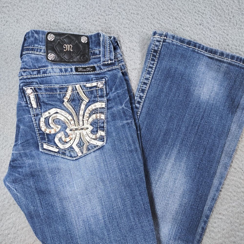 Miss Me Jeans 29x34 Blue Signature Rise Boot Studded Beaded Medium Fleur De Lis
